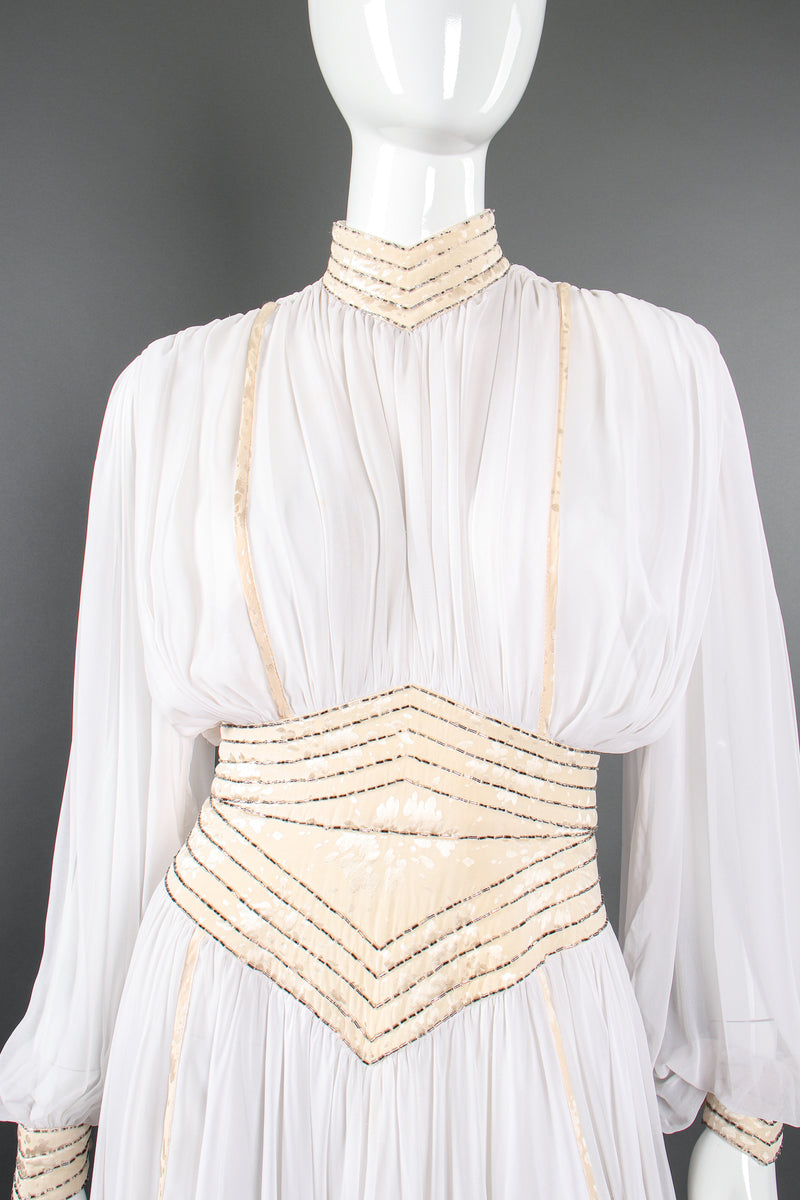 Vintage Wayne Clark Chiffon Balloon Sleeve Gown Wedding Bridal on Mannequin waist at Recess LA