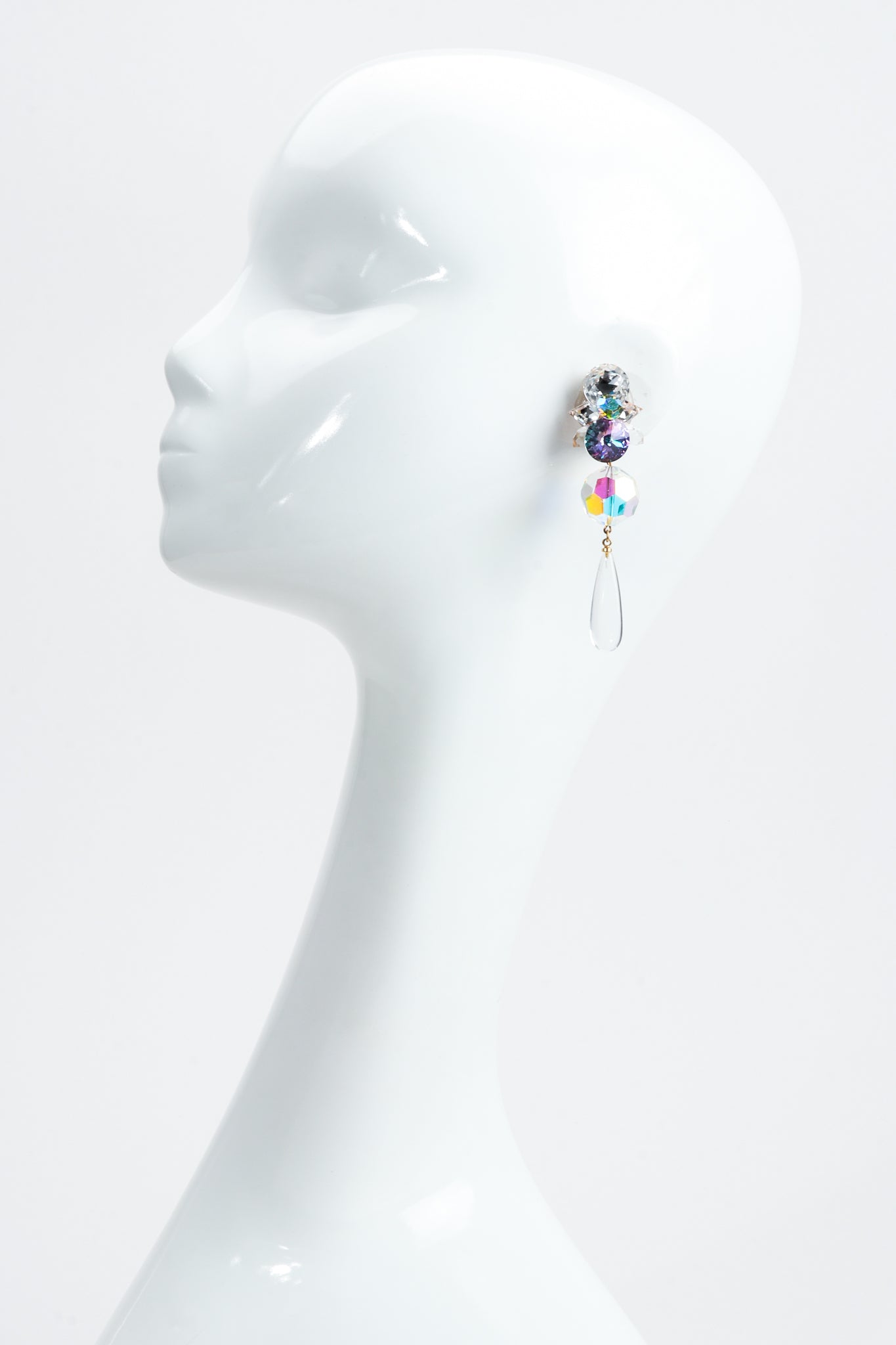 Vintage Wendy Gell Iridescent Crystal Teardrop Earrings on Mannequin at Recess Los Angeles
