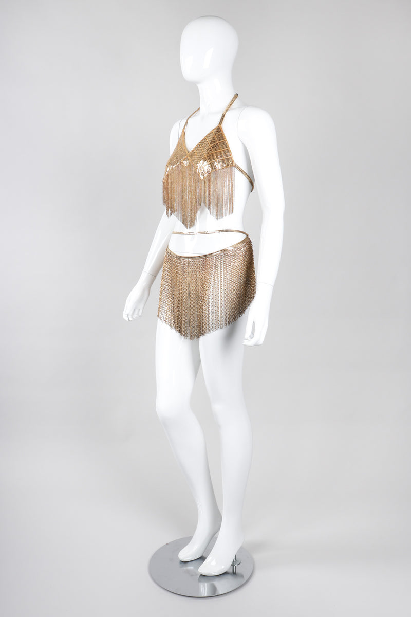 Recess Los Angeles Vintage Western Fashion Vegas Gold Metal Mesh Fringe Shimmy Bikini Top & Skirt Set