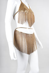 Recess Los Angeles Vintage Western Fashion Vegas Gold Metal Mesh Fringe Shimmy Bikini Top & Skirt Set