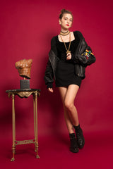 Vintage North Beach Leather Embroidered Rocker Leather Bomber on Model @ Recess LA