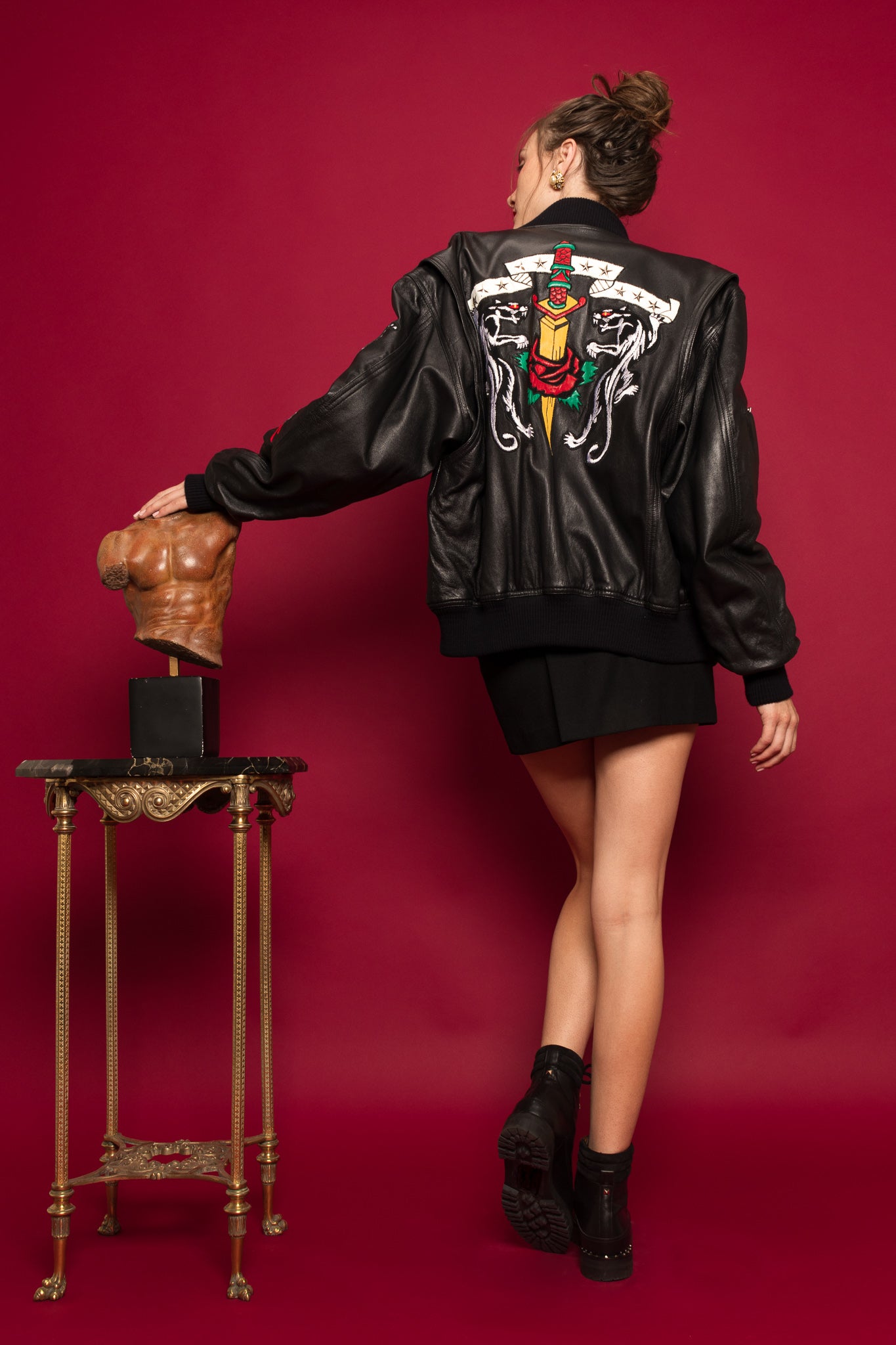Vintage North Beach Leather Embroidered Rocker Leather Bomber on Model @ Recess LA