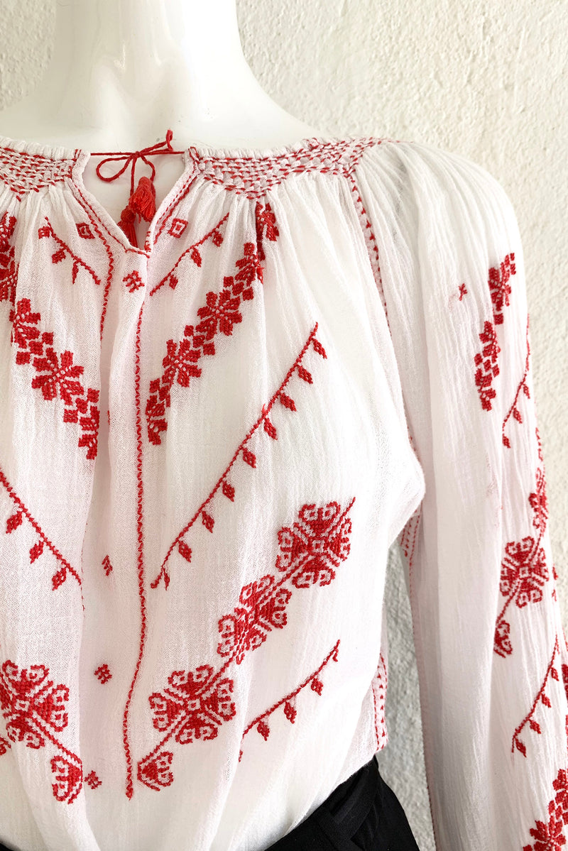 Vintage Folk Embroidered Gauze Peasant Blouse on Mannequin Front Crop at Recess Los Angeles