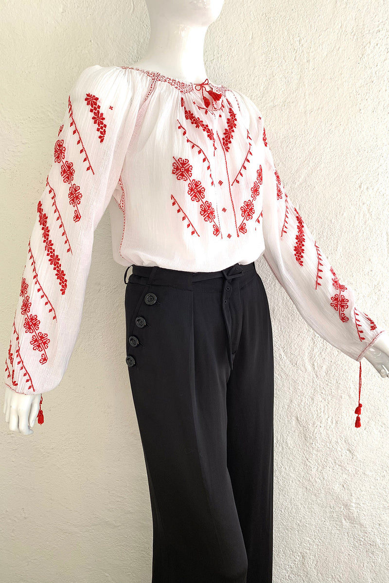 Vintage Folk Embroidered Gauze Peasant Blouse on Mannequin Angle Crop at Recess Los Angeles