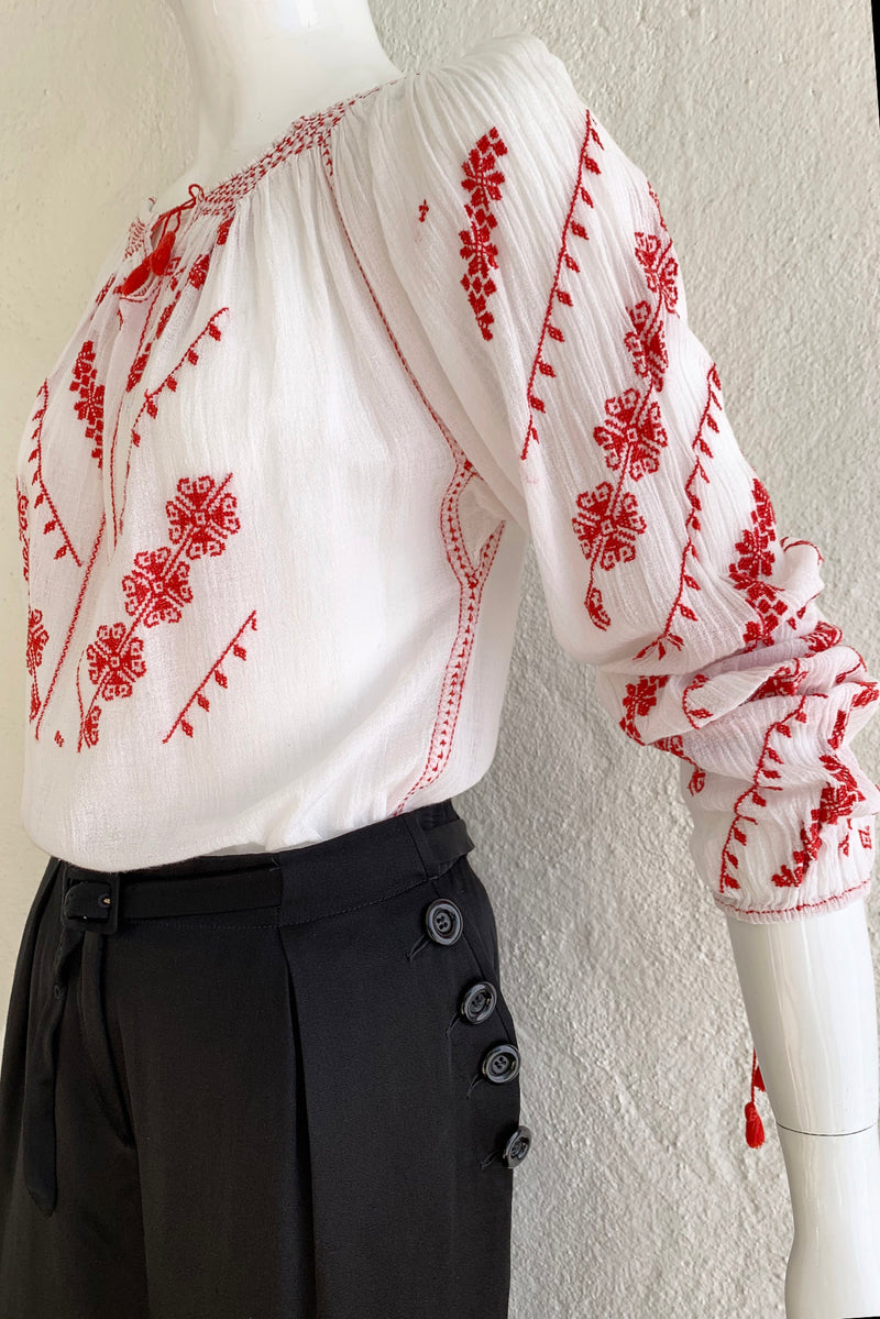 Vintage Folk Embroidered Gauze Peasant Blouse on Mannequin Sleeve Crop at Recess Los Angeles