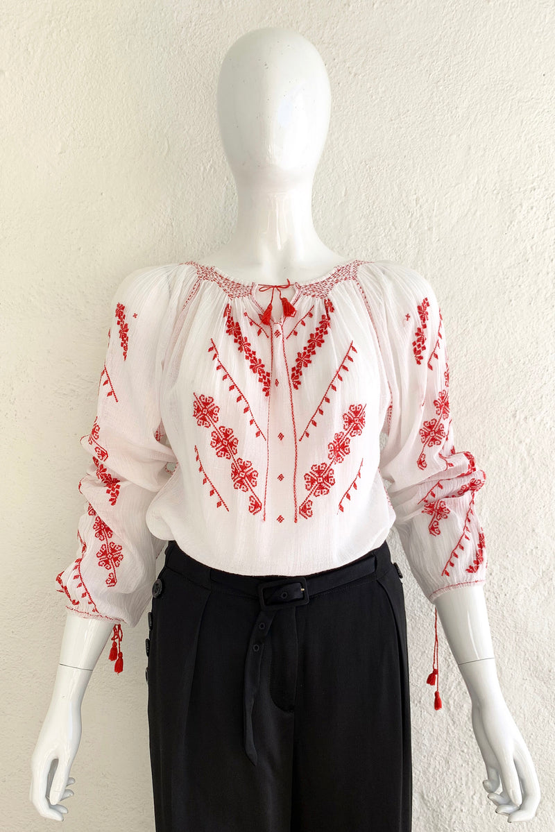 Vintage Folk Embroidered Gauze Peasant Blouse on Mannequin Front at Recess Los Angeles