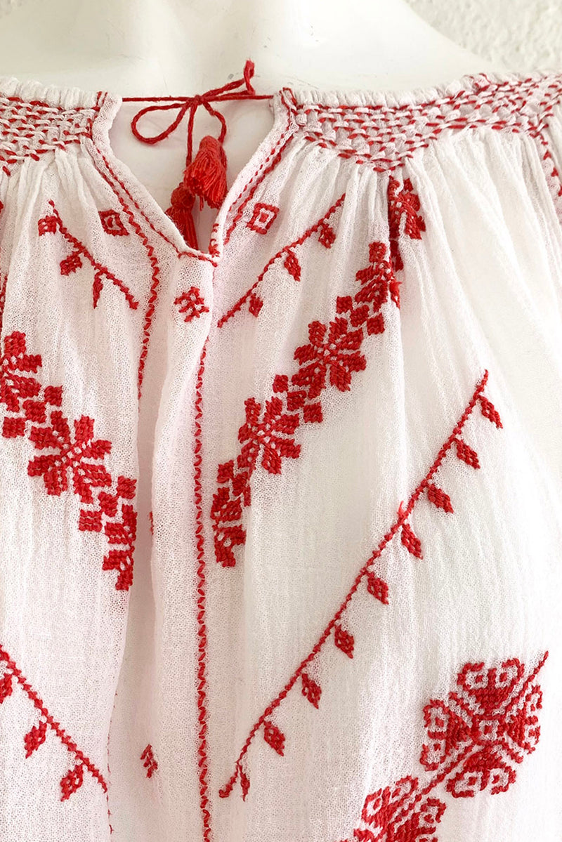 Vintage Folk Embroidered Gauze Peasant Blouse on Mannequin Embroidery Detail at Recess Los Angeles