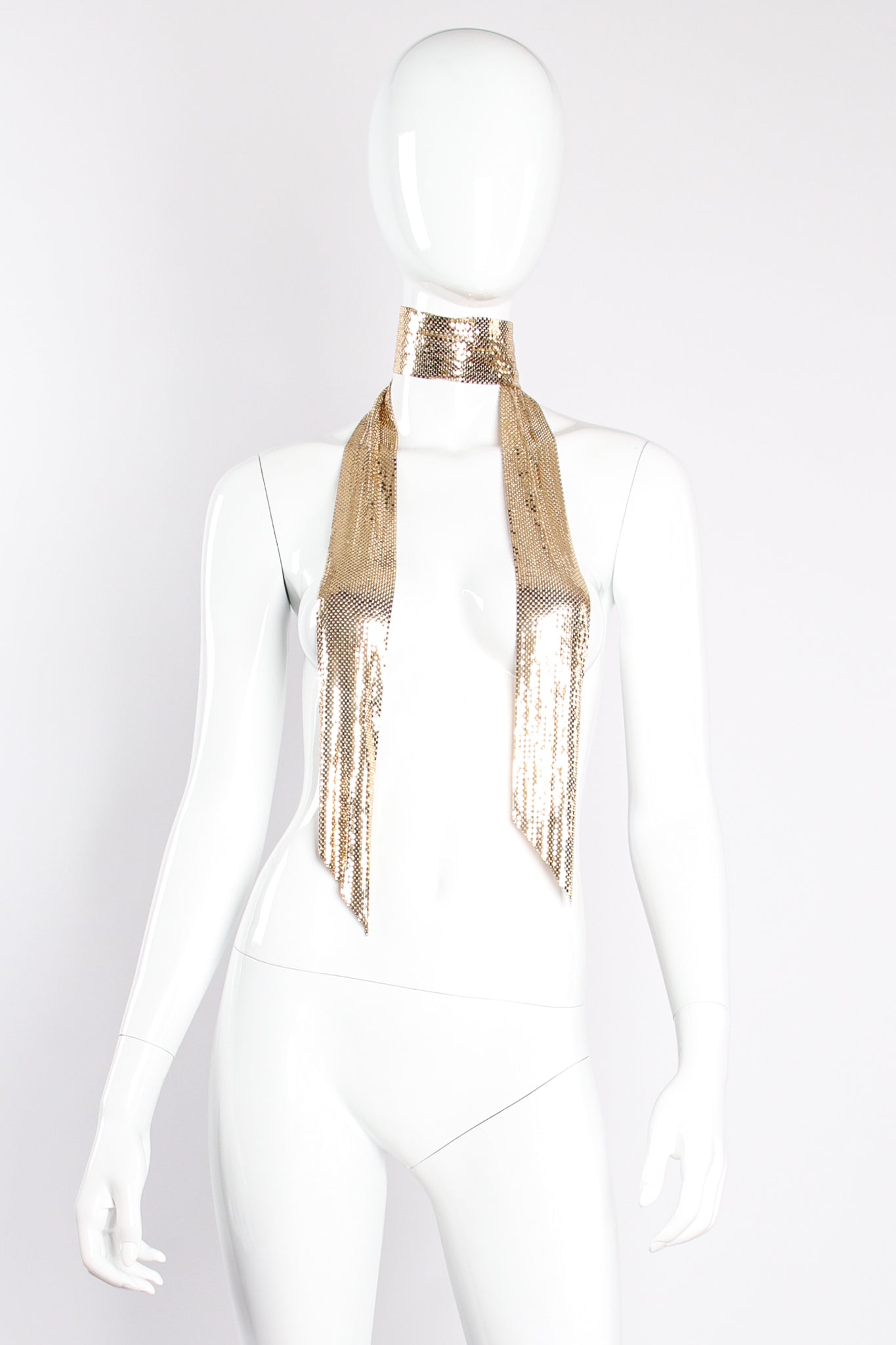Vintage Whiting & Davis Gold Metal Mesh Scarf Sash Tie on mannequin at Recess Los Angeles