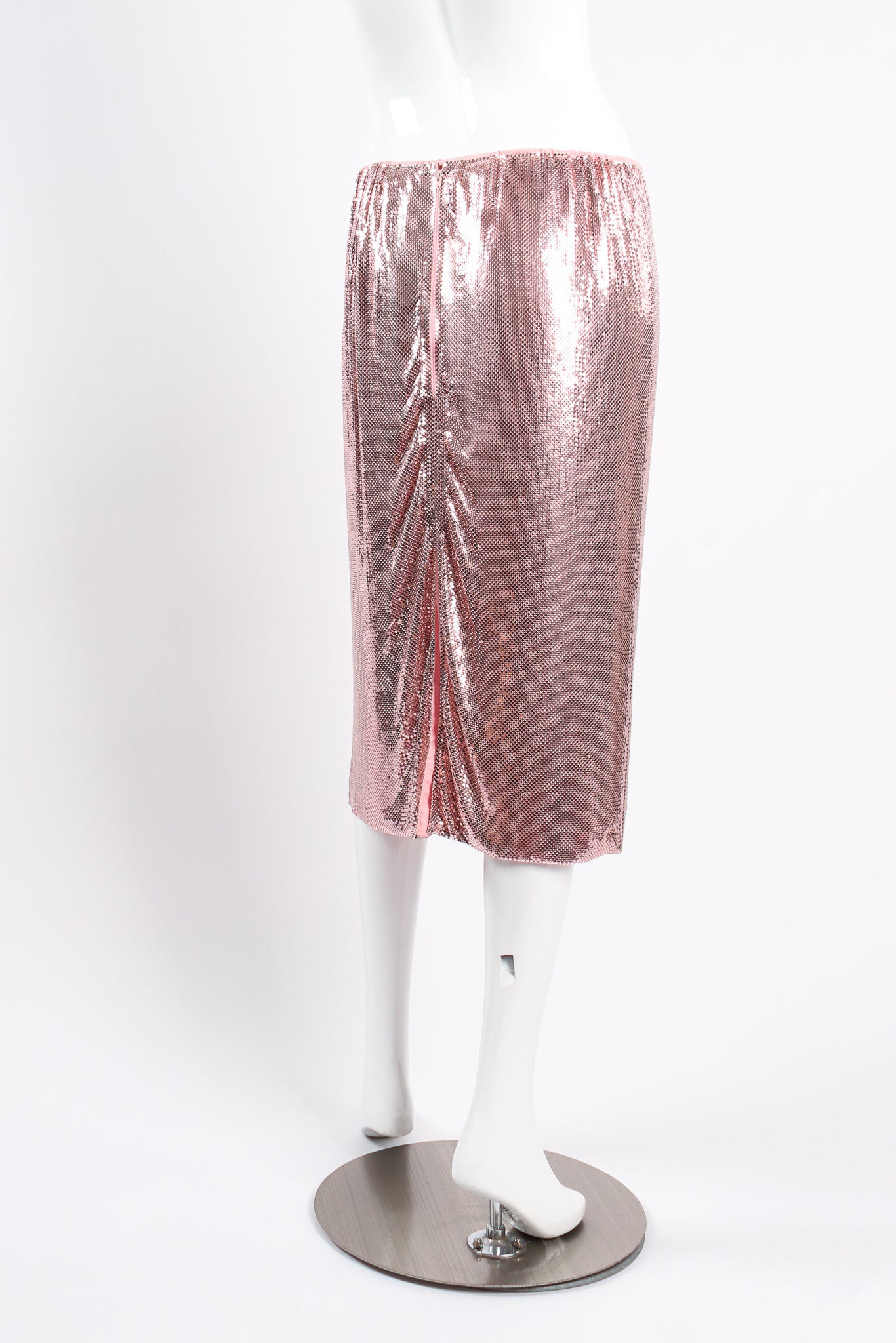Vintage Ferrara for Whiting & Davis Liquid Metal Mesh Midi Skirt on mannequin back at Recess LA