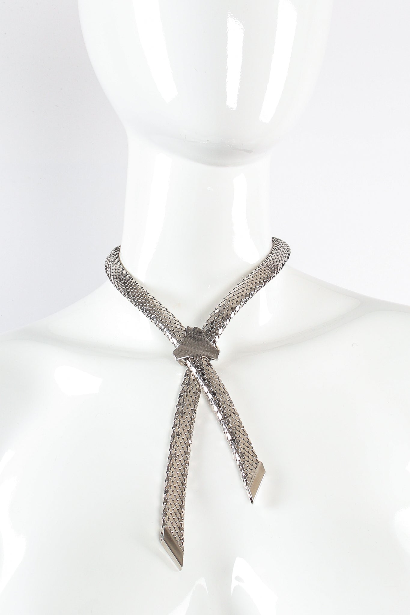 Vintage Whiting & Davis Scale Mesh Lariat Knot Bolo Necklace on mannequin at Recess Los Angeles