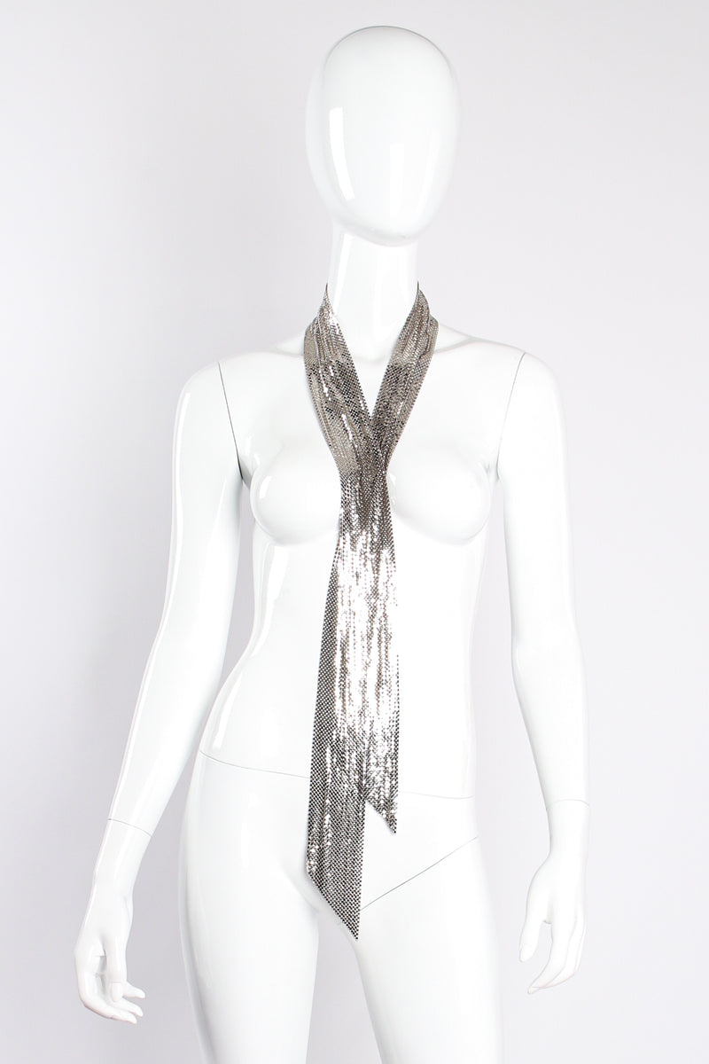 Vintage Whiting & Davis Silver Metal Mesh Scarf Sash Tie on mannequin at Recess Los Angeles