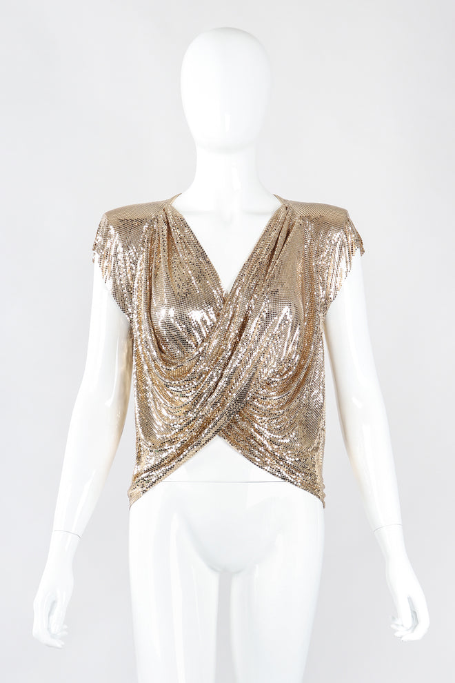 Recess Los Angeles Designer Consignment Vintage Whiting & Davis Draped Liquid Gold Metal Mesh Twist Top II
