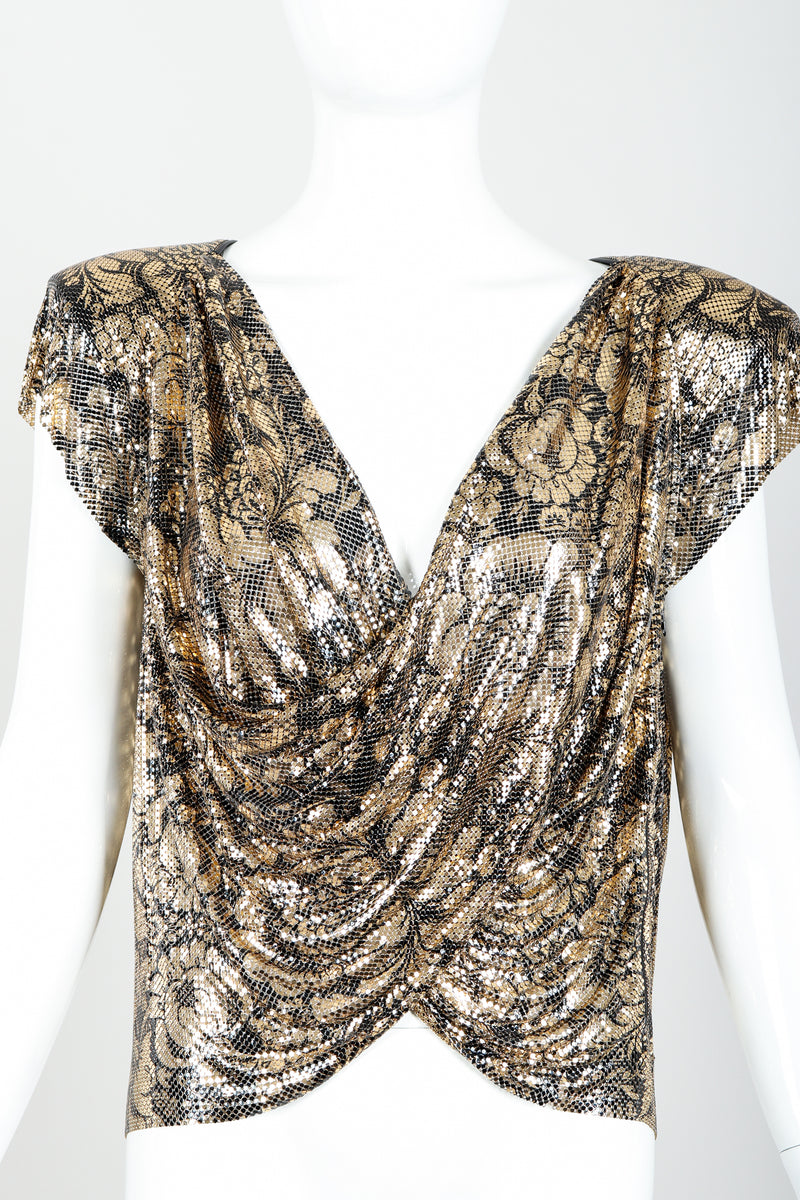 Vintage Whiting & Davis Floral Print Draped Mesh Top on Mannequin front at Recess Los Angeles