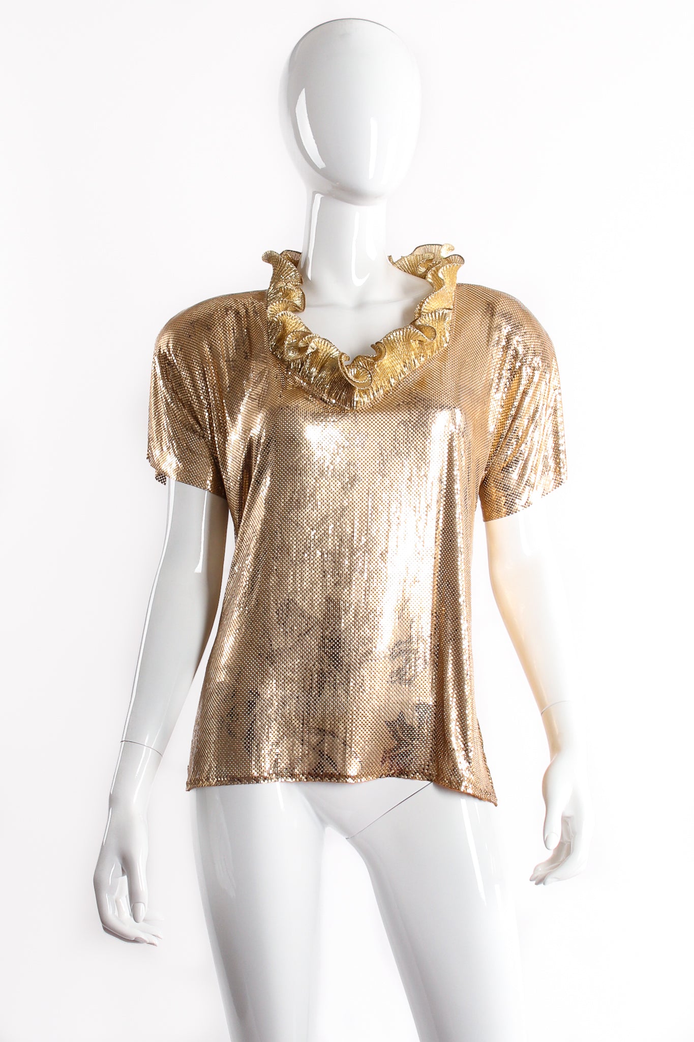 Vintage Whiting & Davis Metal Mesh Ruffle Top & Blossom Belt on Mannequin front at Recess LA