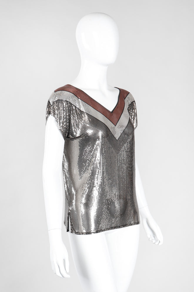 Recess Los Angeles Vintage Whiting & Davis Mixed Metal Liquid Mesh V-Neckl Tee Top