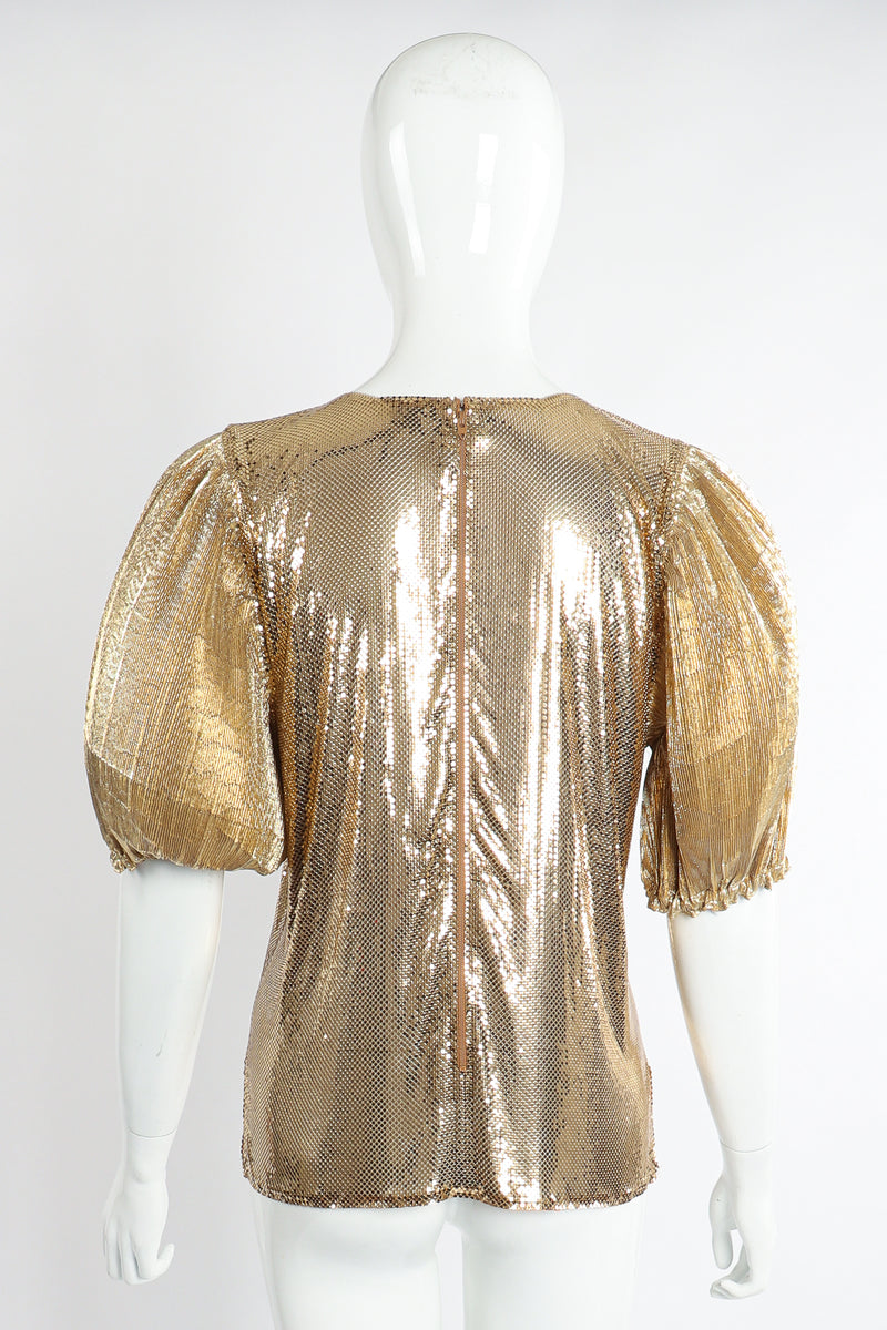 Vintage Whiting & Davis Gold Mesh Puff Sleeve Top On Mannequin Back at Recess Los Angeles