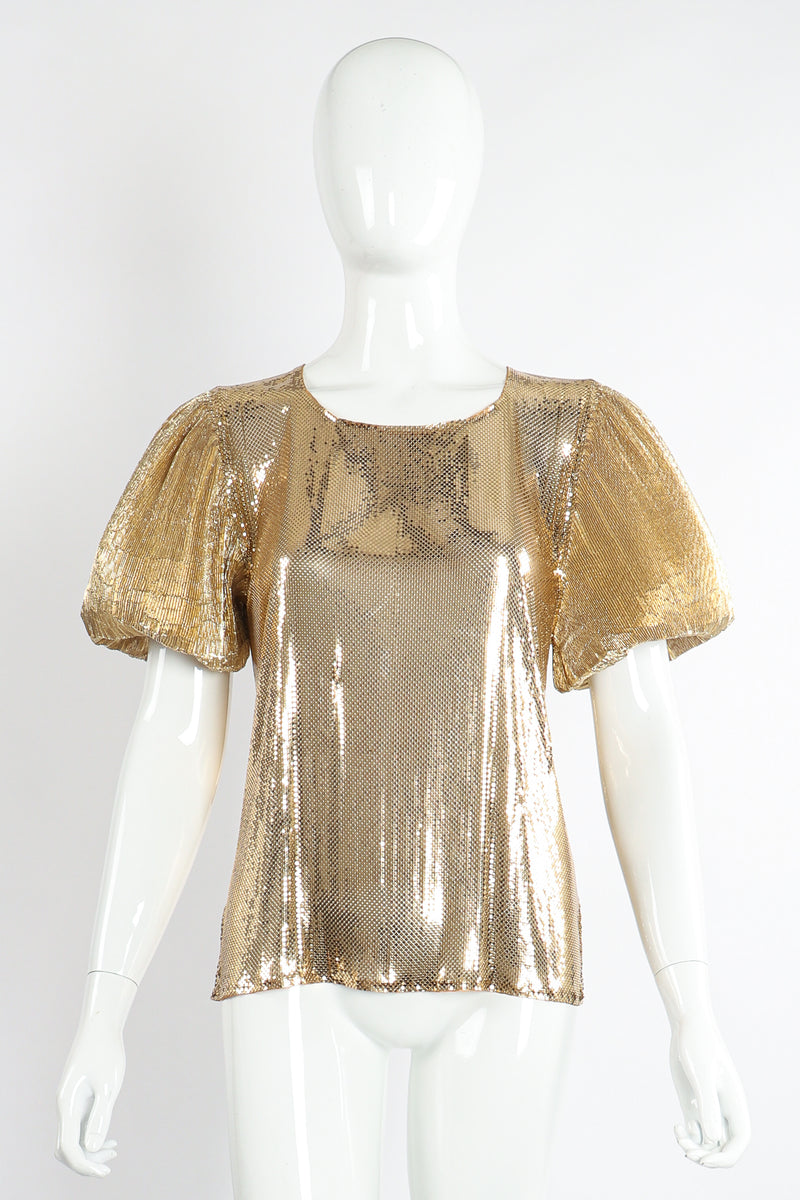 Vintage Whiting & Davis Gold Mesh Puff Sleeve Top On Mannequin Front Puff at Recess Los Angeles
