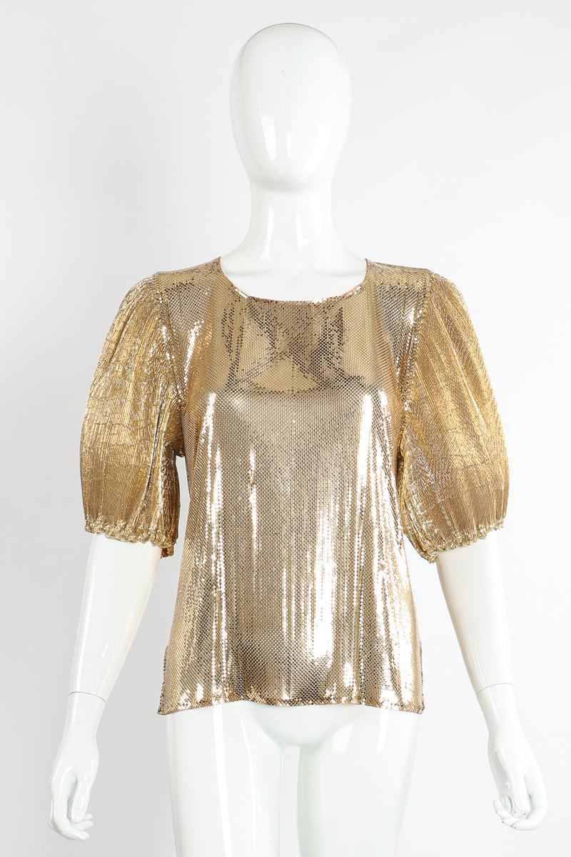 Vintage Whiting & Davis Gold Mesh Puff Sleeve Top On Mannequin Front at Recess Los Angeles