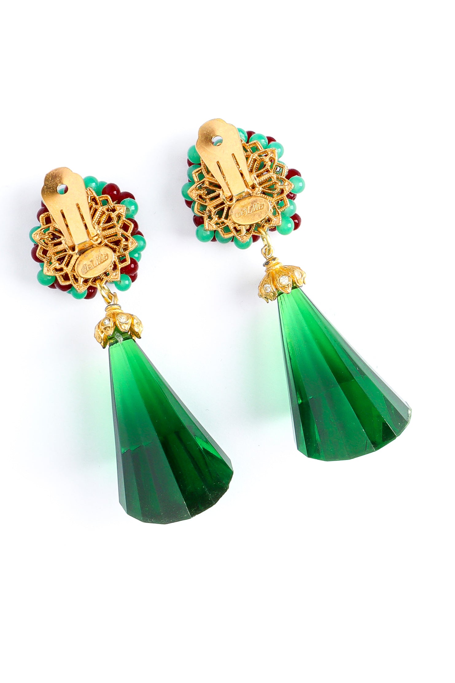 Vintage William deLillo Floral Bead Chunky Emerald Earrings back angle @ Recess LA