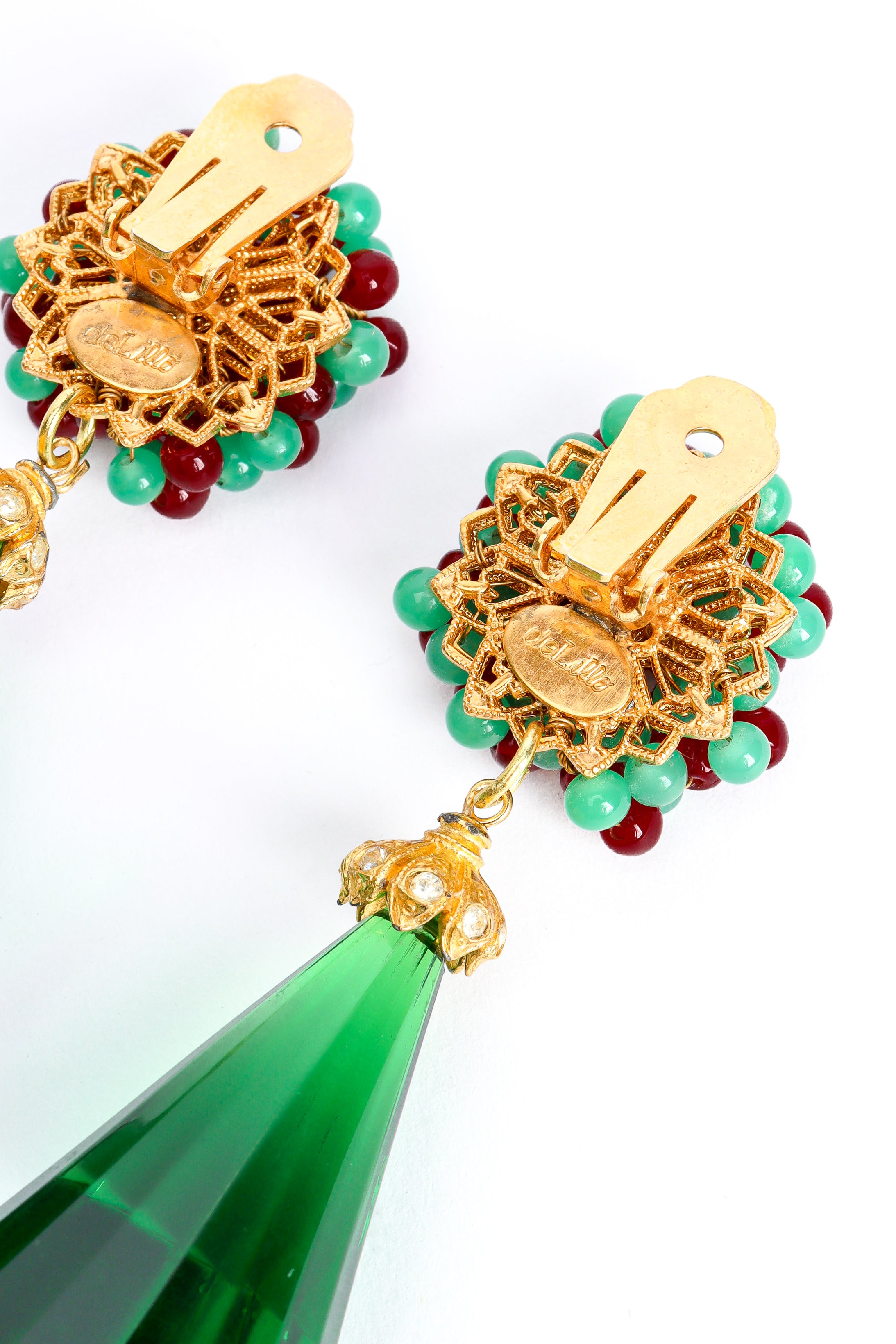 Vintage William deLillo Floral Bead Chunky Emerald Earrings cartouche & back detail @ Recess LA