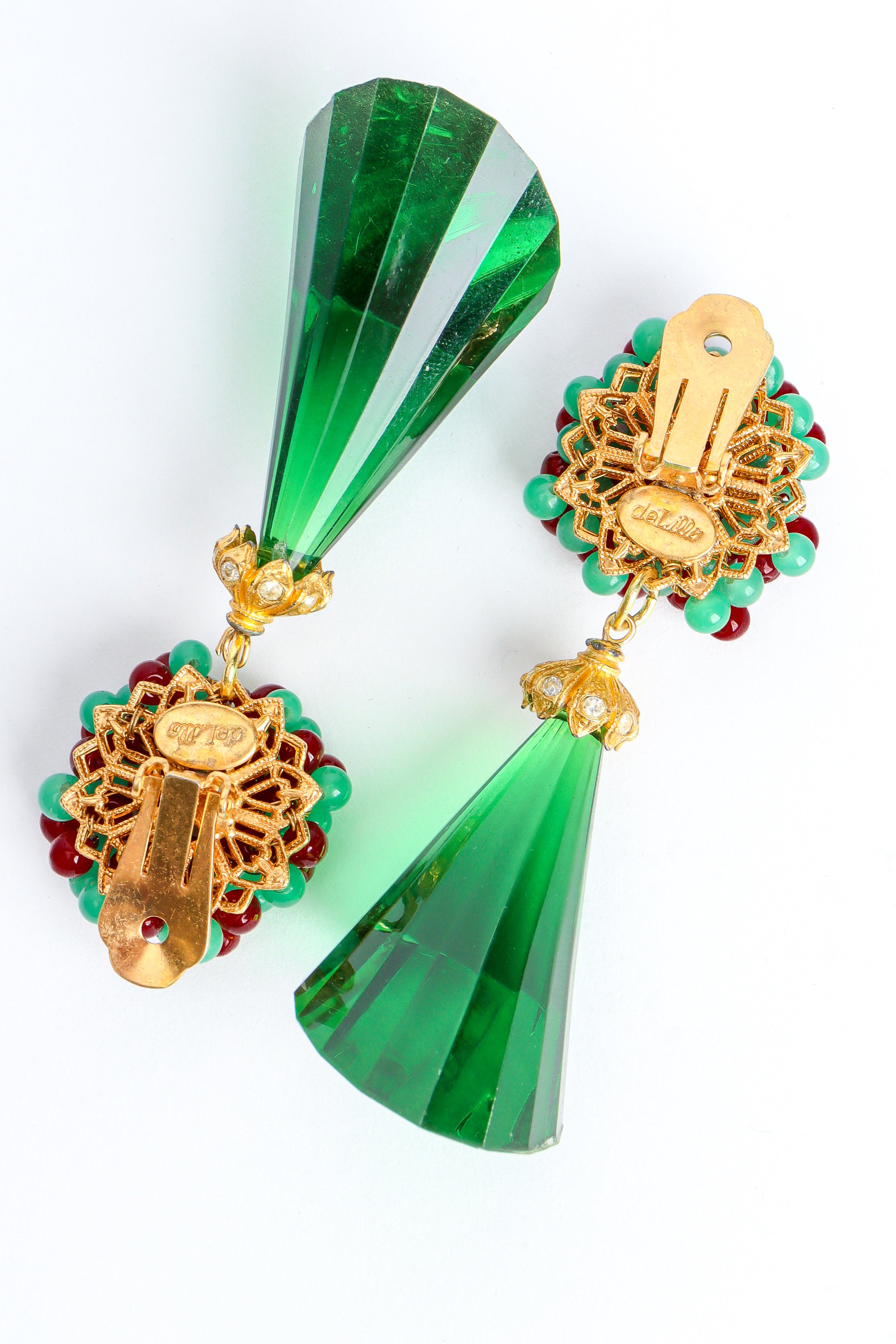 Vintage William deLillo Floral Bead Chunky Emerald Earrings back detail @ Recess LA