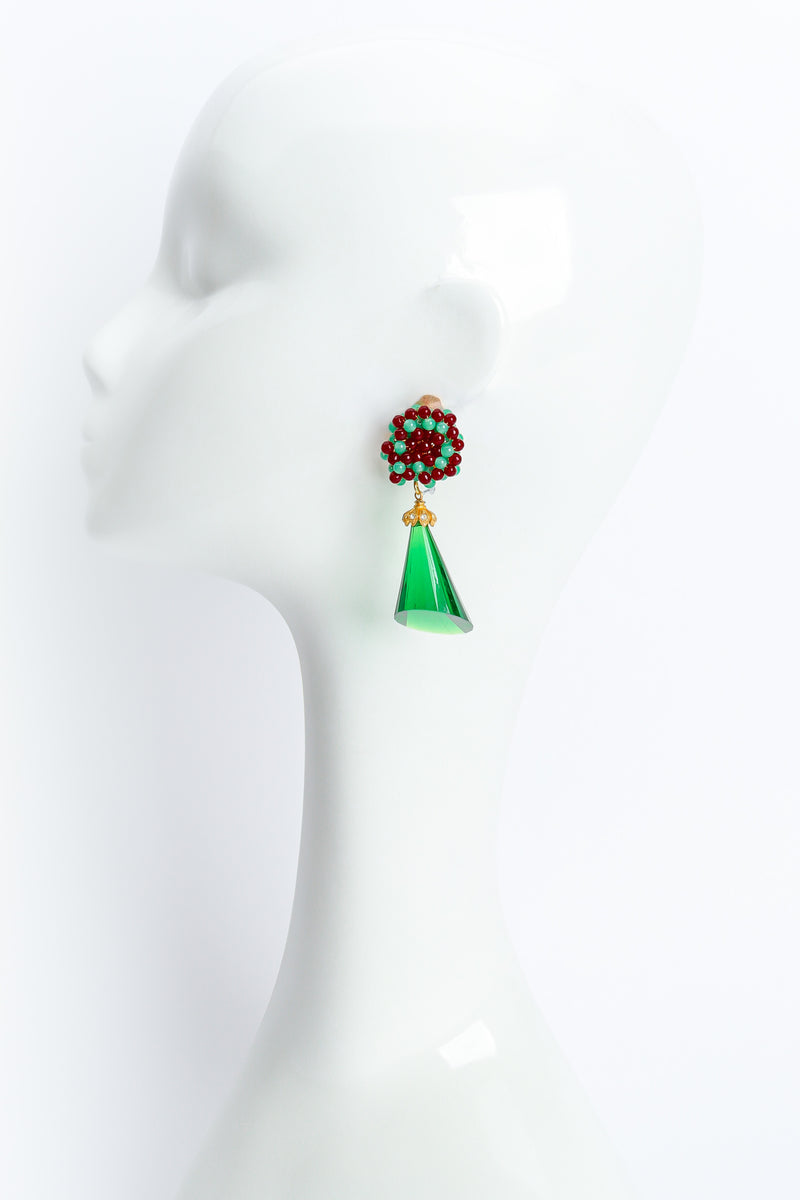 Vintage William deLillo Floral Bead Chunky Emerald Earrings on mannequin front @ Recess LA
