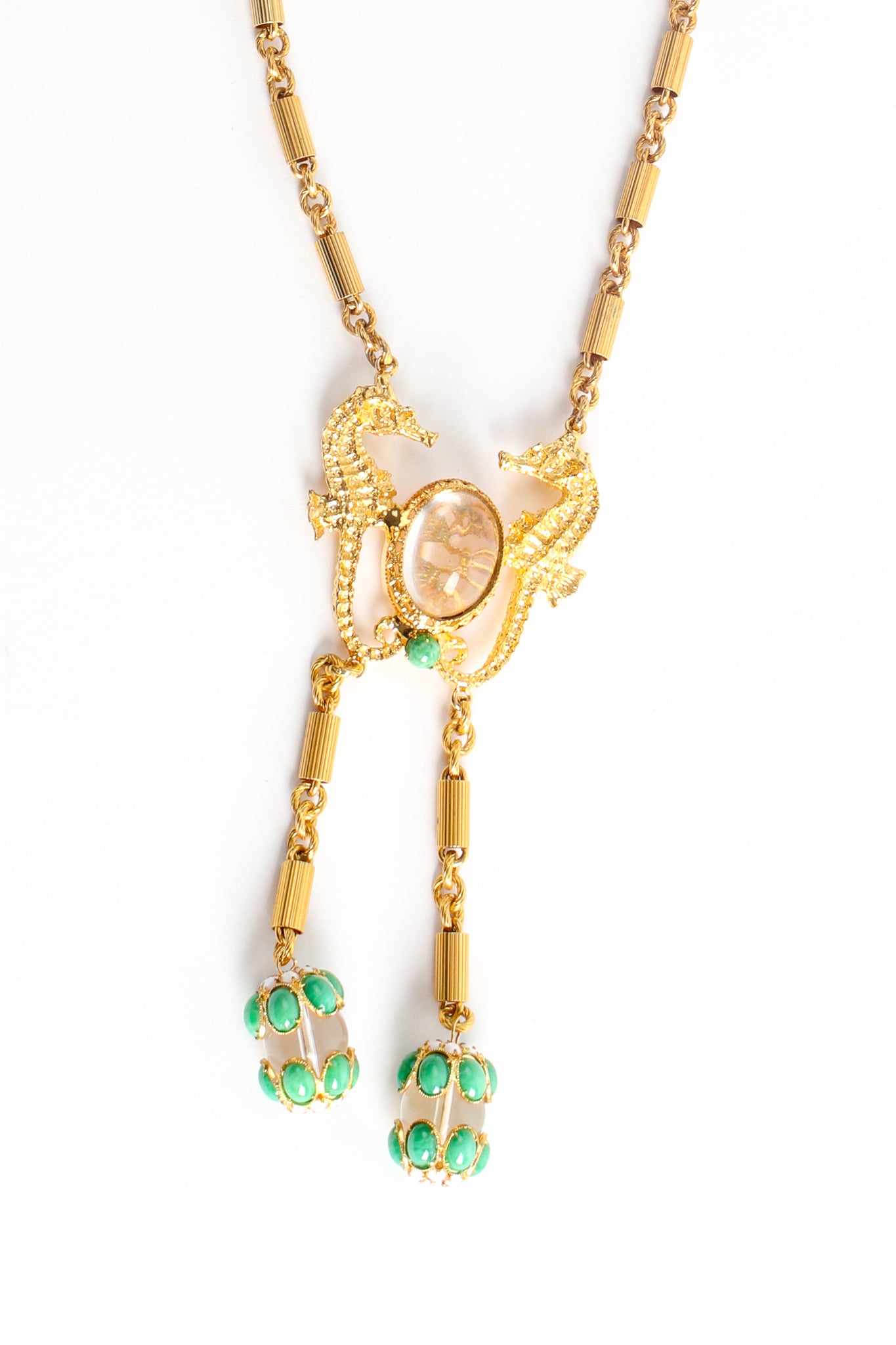 Vintage William deLillo Gold Seahorse Lariat Y Necklace detail at Recess Los Angeles