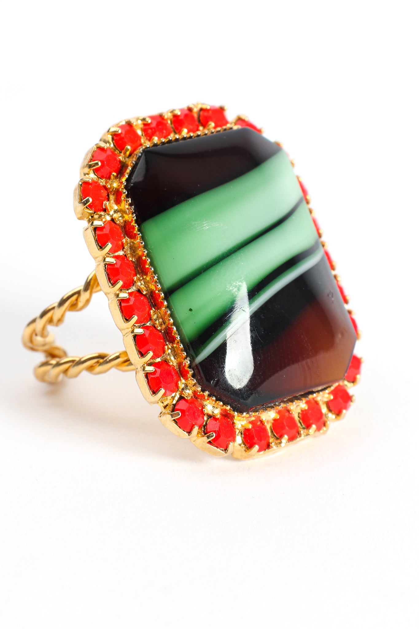 Vintage William deLillo Green Agate Cabochon Rhinestone Cocktail Ring angle at Recess Los Angeles
