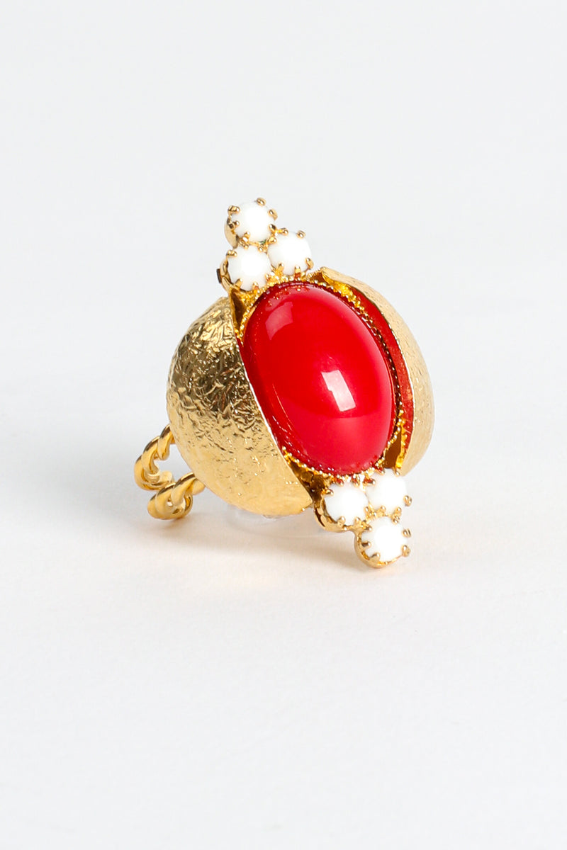 Vintage William deLillo Red Coral Scarab Cabochon Cocktail Ring angle at Recess Los Angeles