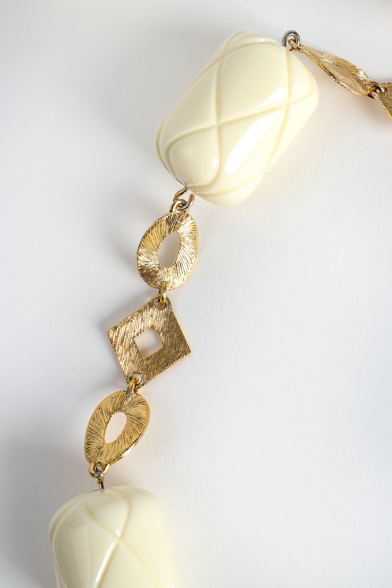 Vintage Unsigned William deLillo Quilted Barrel Bead Necklace detail wear at Recess Los Angeles