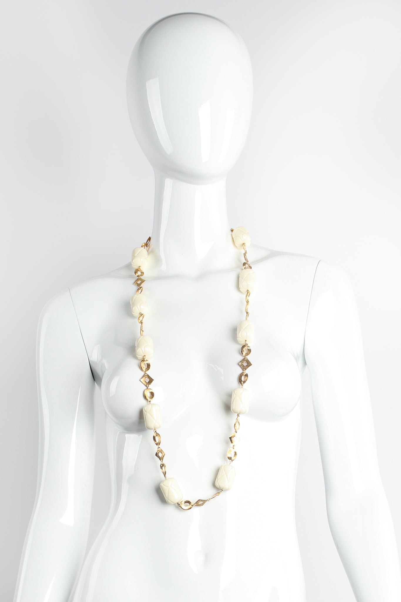 Vintage Unsigned William deLillo Quilted Barrel Bead Necklace on mannequin at Recess Los Angeles