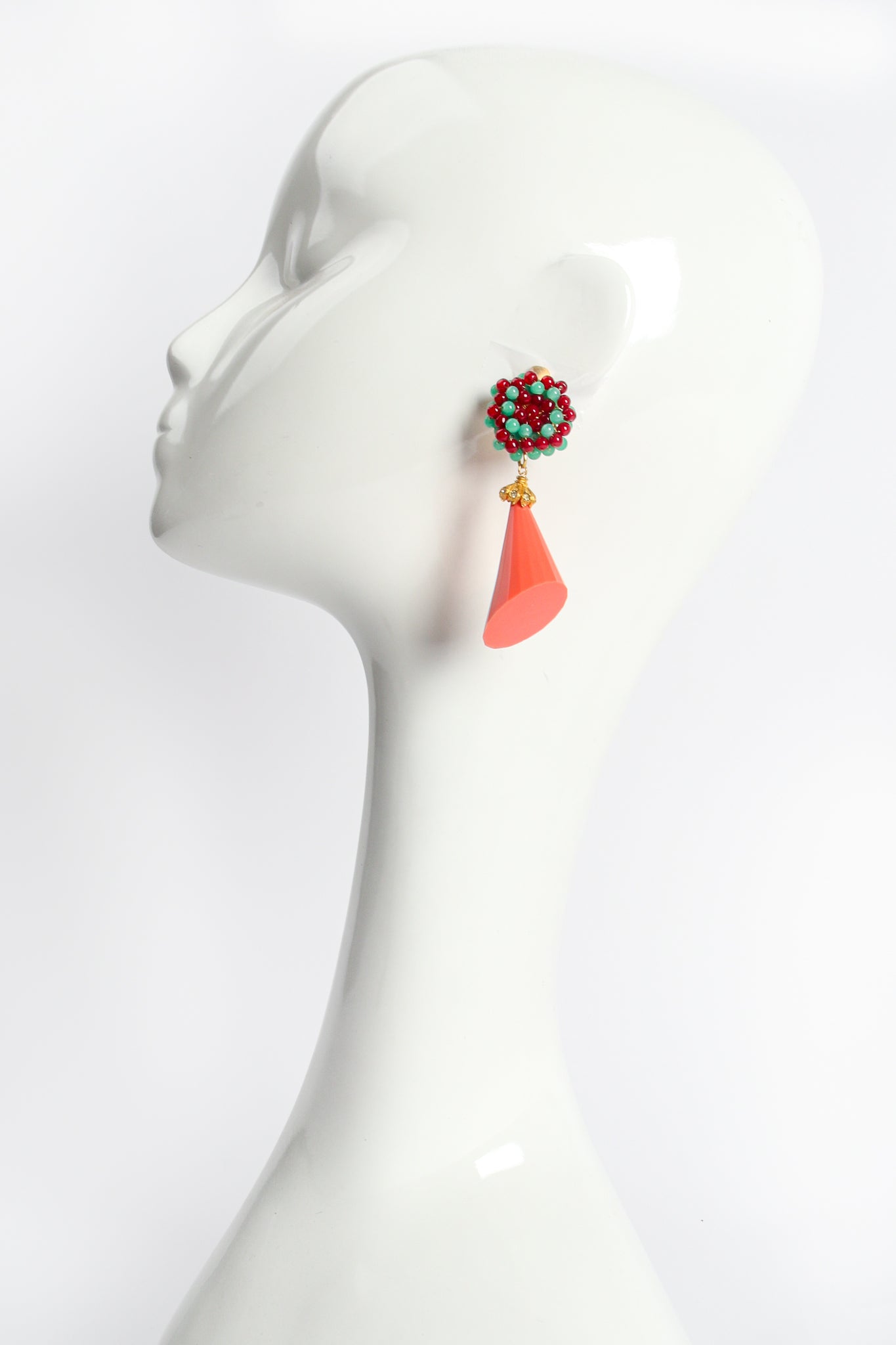 Vintage William deLillo Beaded Cone Drop Earrings on mannequin at Recess Los Angeles