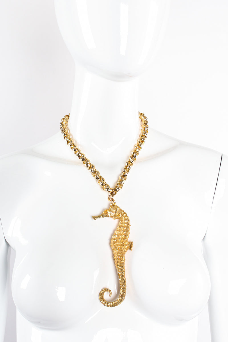 Vintage Unsigned William deLillo Golden Seahorse Pendant on Mannequin at Recess Los Angeles