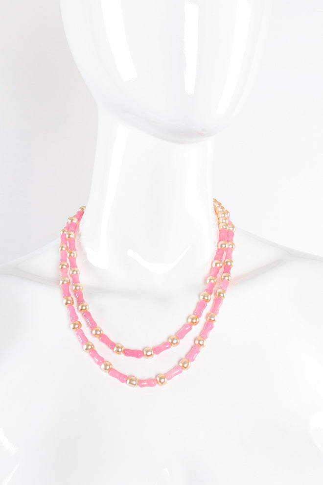 Vintage Unsigned William deLillo Pink Glass Bead and Pearl Layering Necklace on mannequin at Recess Los Angeles
