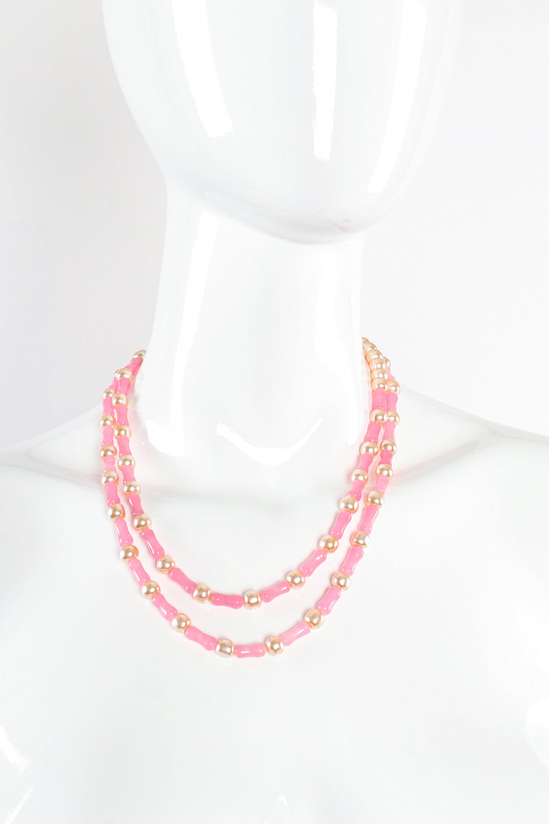 Vintage Unsigned William deLillo Pink Glass Bead and Pearl Layering Necklace on mannequin at Recess Los Angeles