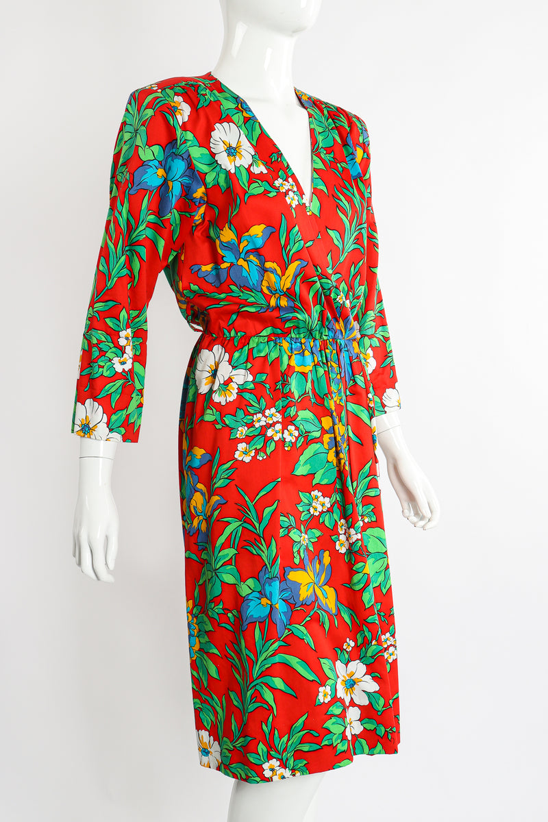 Vintage Yves Saint Laurent YSL Floral Sateen Wrap Dress on Mannequin Crop at Recess Los Angeles