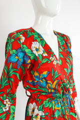 Vintage Yves Saint Laurent YSL Floral Sateen Wrap Dress on Mannequin Angle Crop at Recess LA