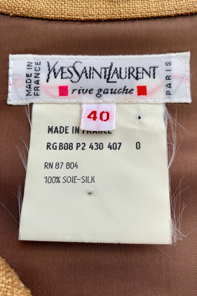 Vintage YSL Yves Saint Laurent Tan Silk Tussah Duster label at Recess Los Angeles