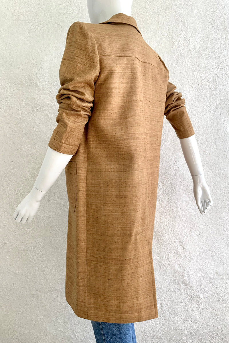 Vintage YSL Yves Saint Laurent Tan Silk Tussah Duster on Mannequin back angle at Recess Los Angeles