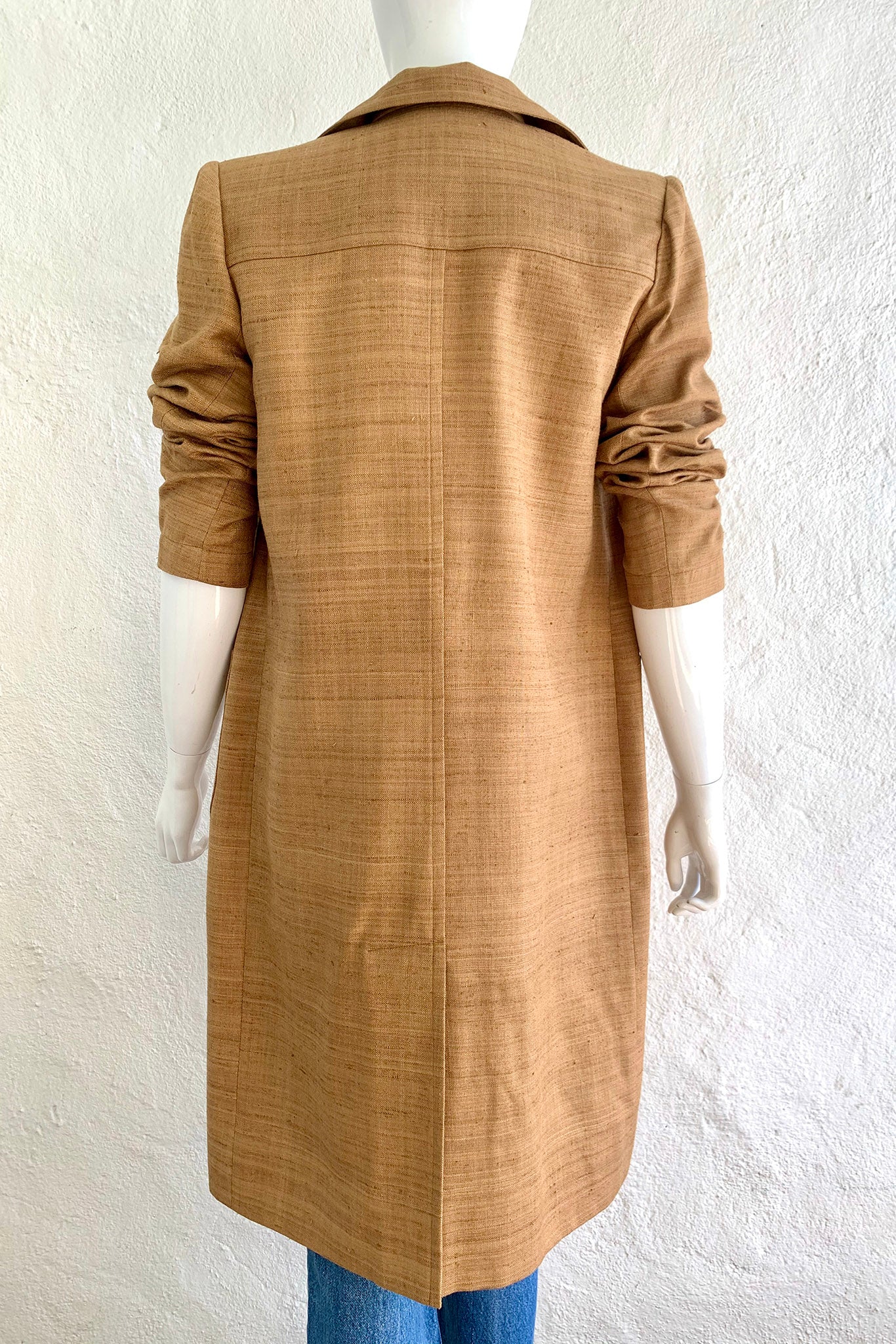 Vintage YSL Yves Saint Laurent Tan Silk Tussah Duster on Mannequin back crop at Recess Los Angeles