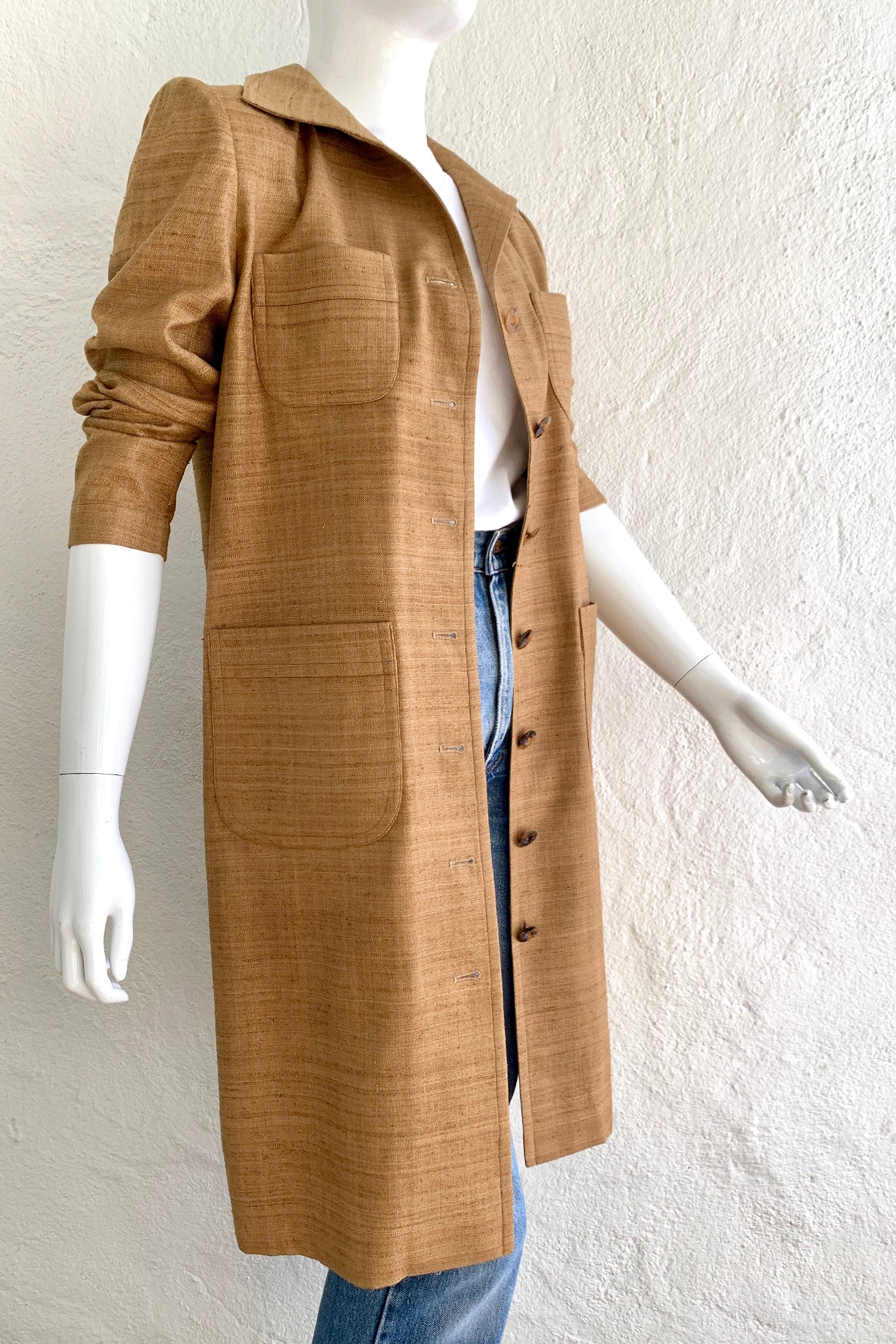 Vintage YSL Yves Saint Laurent Tan Silk Tussah Duster on Mannequin Side Crop at Recess Los Angeles