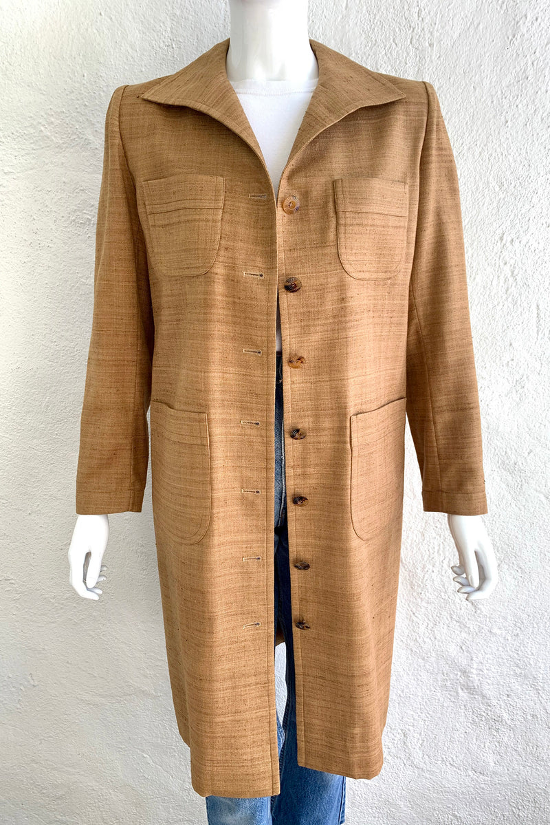 Vintage YSL Yves Saint Laurent Tan Silk Tussah Duster on Mannequin front at Recess Los Angeles