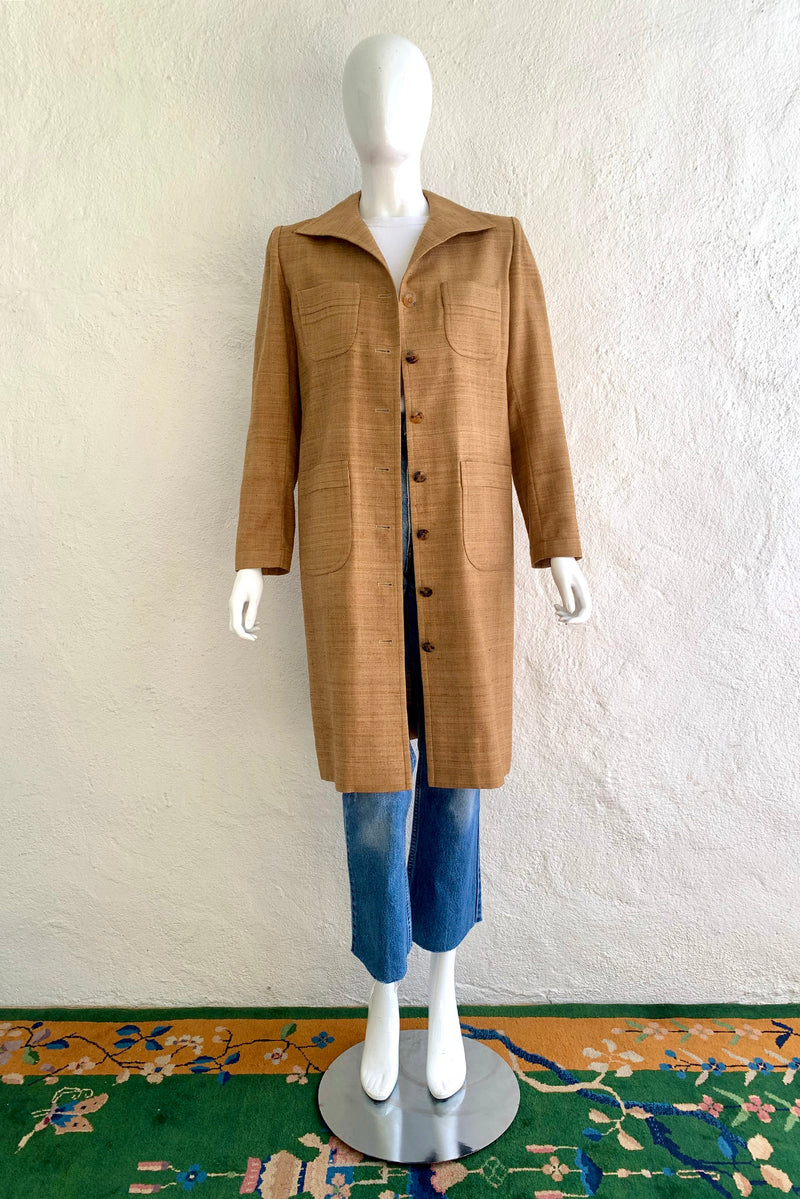 Vintage YSL Yves Saint Laurent Tan Silk Tussah Duster on Mannequin front at Recess Los Angeles