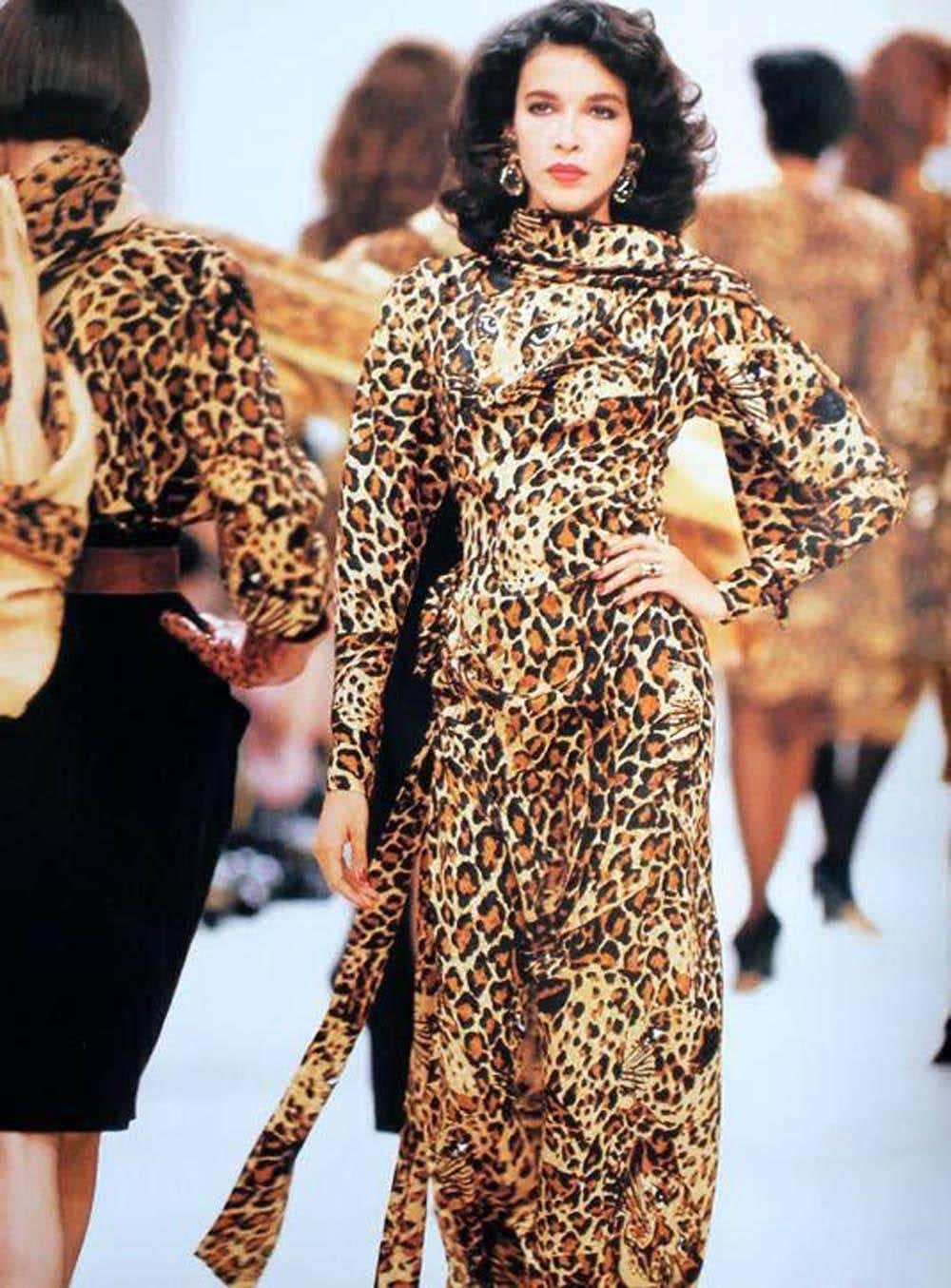 YSL Yves Saint Laurent Silk Leopard Scarf Wrap Dress on model