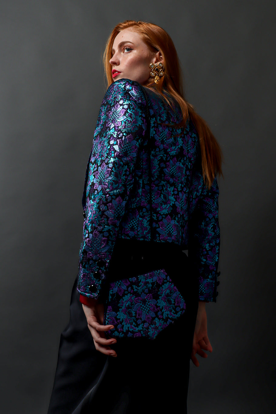 Vintage Saint Laurent 1980s Floral Brocade Metallic Jacket & Bag Set on model Emily @ Recess LA