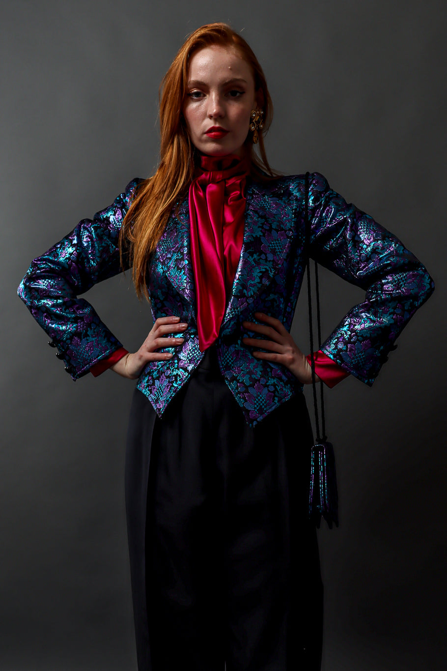 Vintage Saint Laurent 1980s Floral Brocade Metallic Jacket & Bag Set on model Emily @ Recess LA