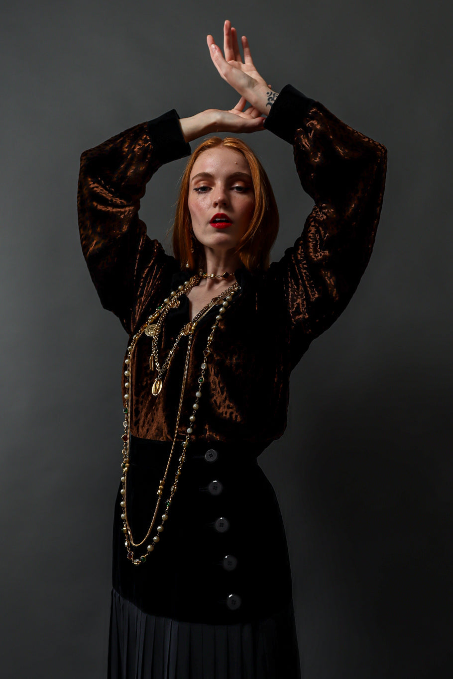 Vintage Yves Saint Laurent Silk Velvet Pleated Skirt on model Emily @ Recess Los Angeles