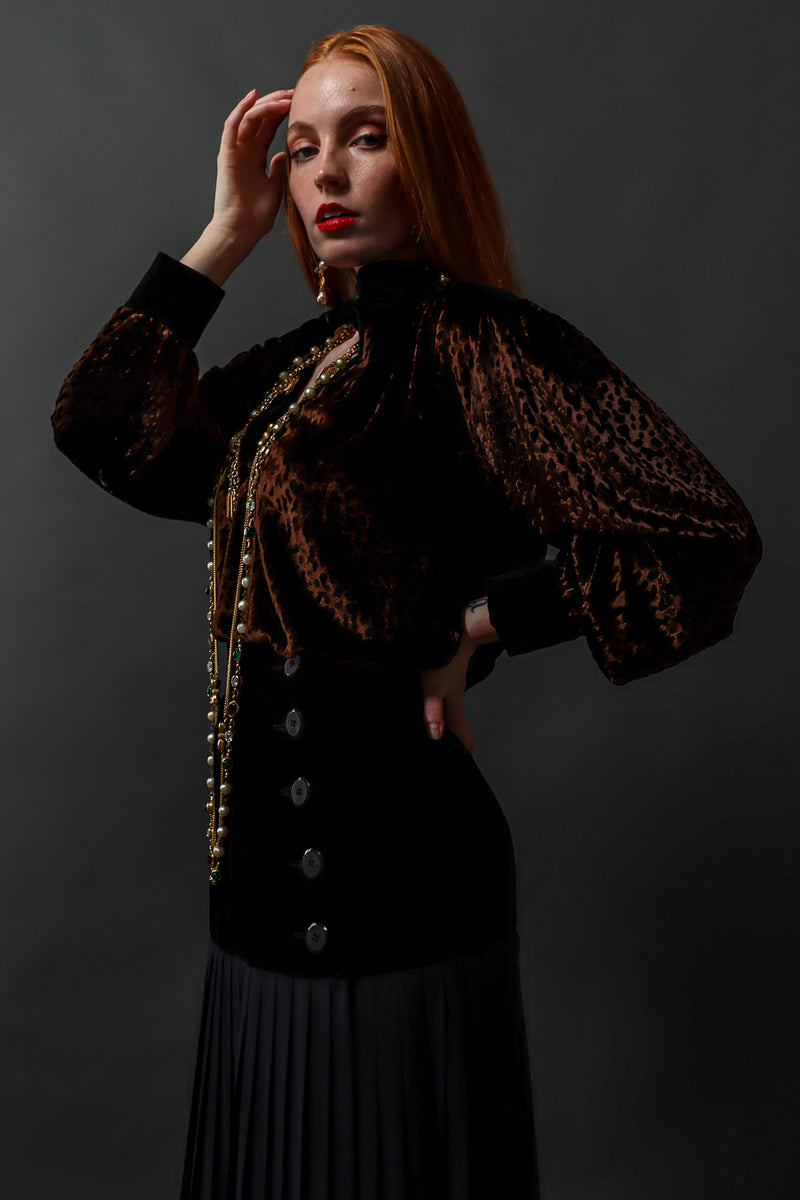 Vintage Saint Laurent Velvet Cheetah Burnout Top on model Emily @ Recess Los Angeles
