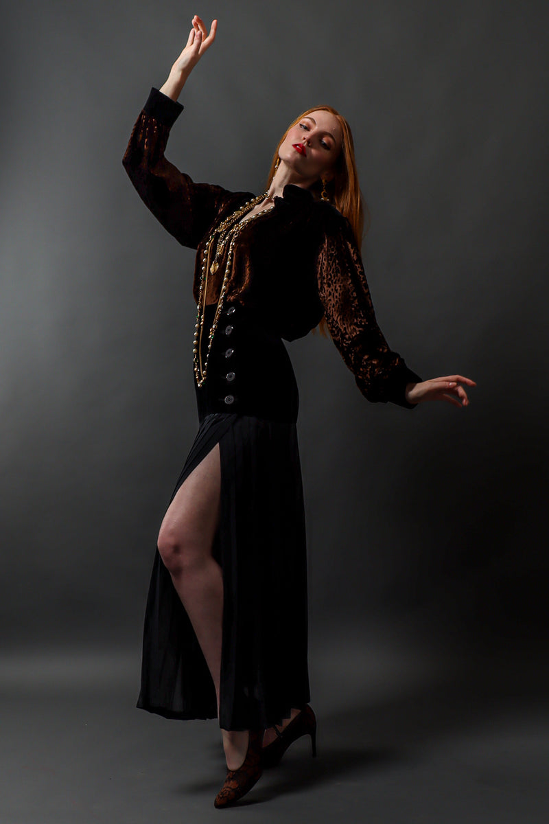 Vintage Yves Saint Laurent Silk Velvet Pleated Skirt on model Emily @ Recess Los Angeles
