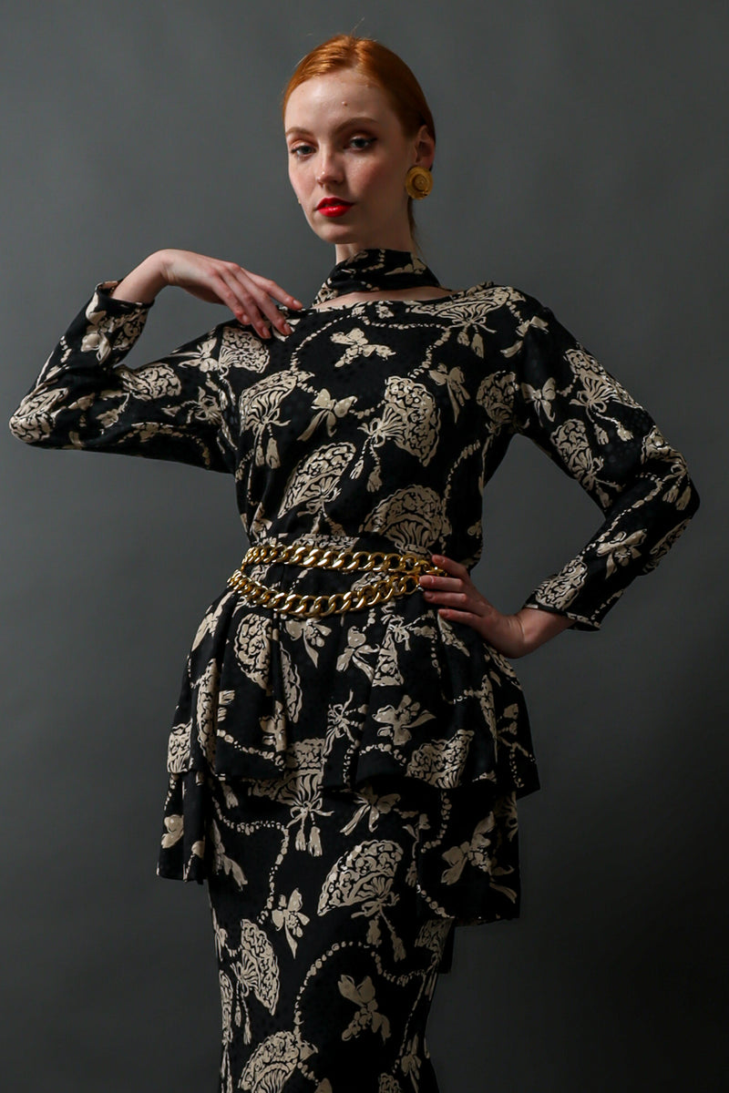 Vintage 80s Yves Saint Laurent Silk Fan Print Top & Skirt Set on model Emily @ Recess LA